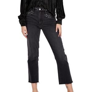 Dear John Frankie Black Denim Studded High Rise Straight Leg Frayed Crop Jeans